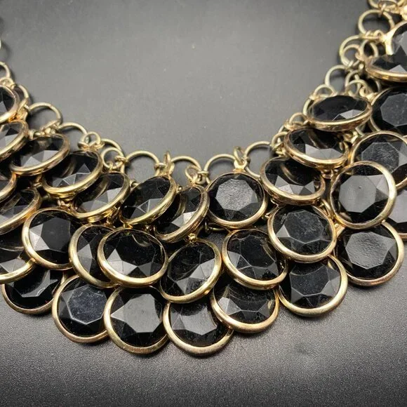 Black Faceted Acrylic Bib Necklace Muted Gold Tone Statement Color Layer 20+2" - Picture 3 of 6